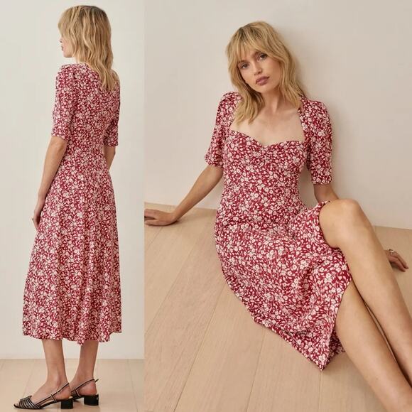 Reformation Red Floral Matin Midi Dress in Flower Girl - Picture 3 of 10